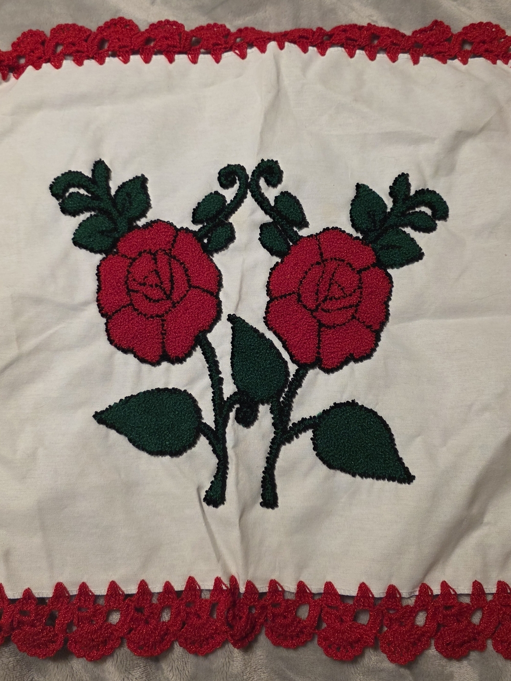 Embroidered Red Rose Pillowcase with Crochet Trim